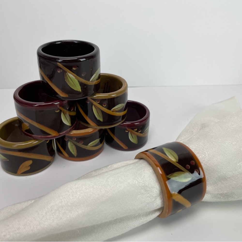 Deb Hrabik Hand Painted Botanical Ceramic Napkin Rings Set 7 Demdaco Vintage